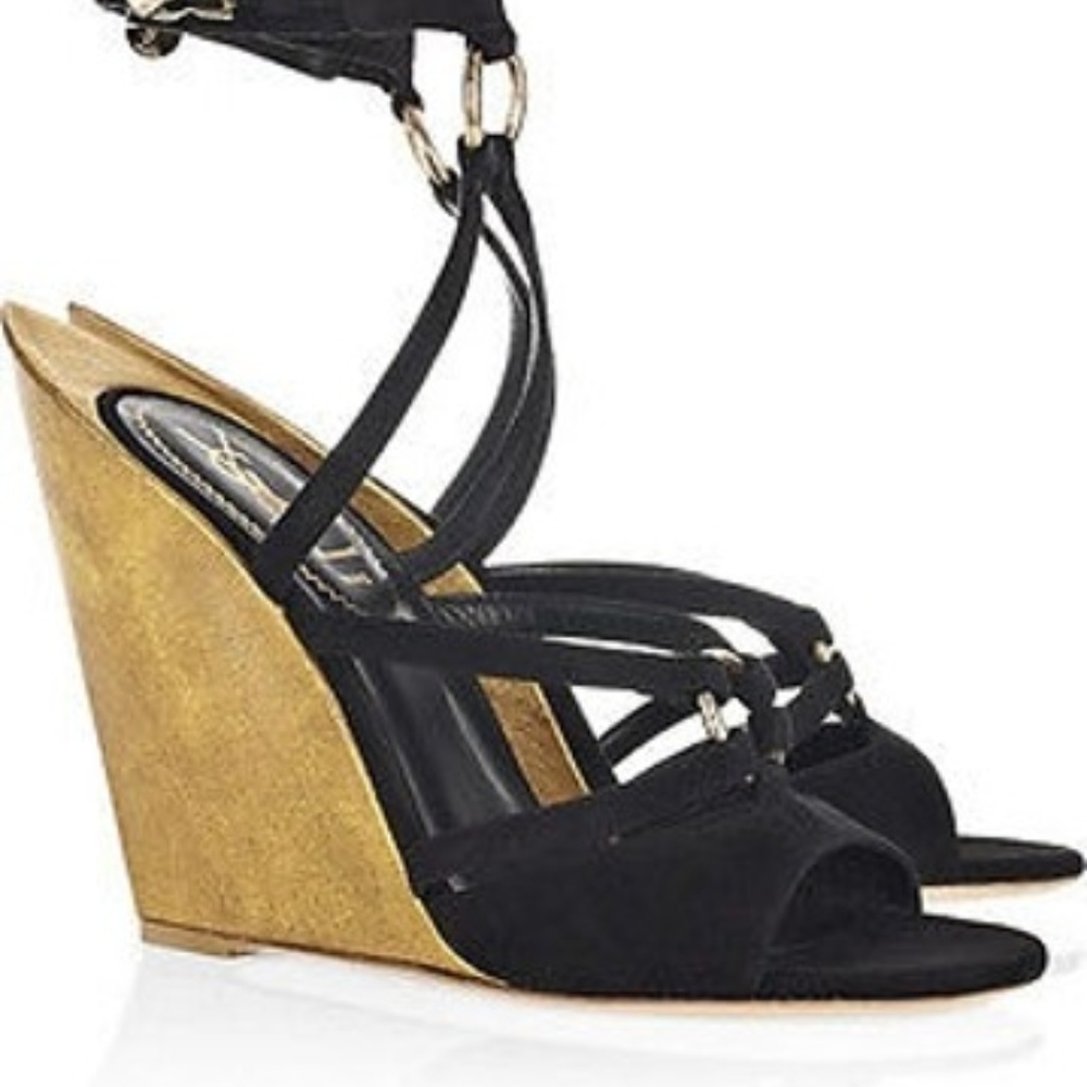 YSL Yves Saint Laurent Totem Gold Suede Wedges